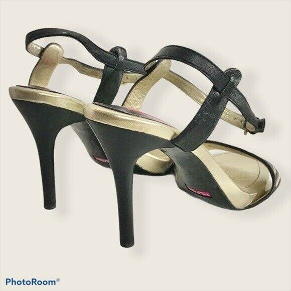 Isaac Mizrahi New York Size 8 Isbelle High Heels Black Gold Date Night Leather - Picture 2 of 9